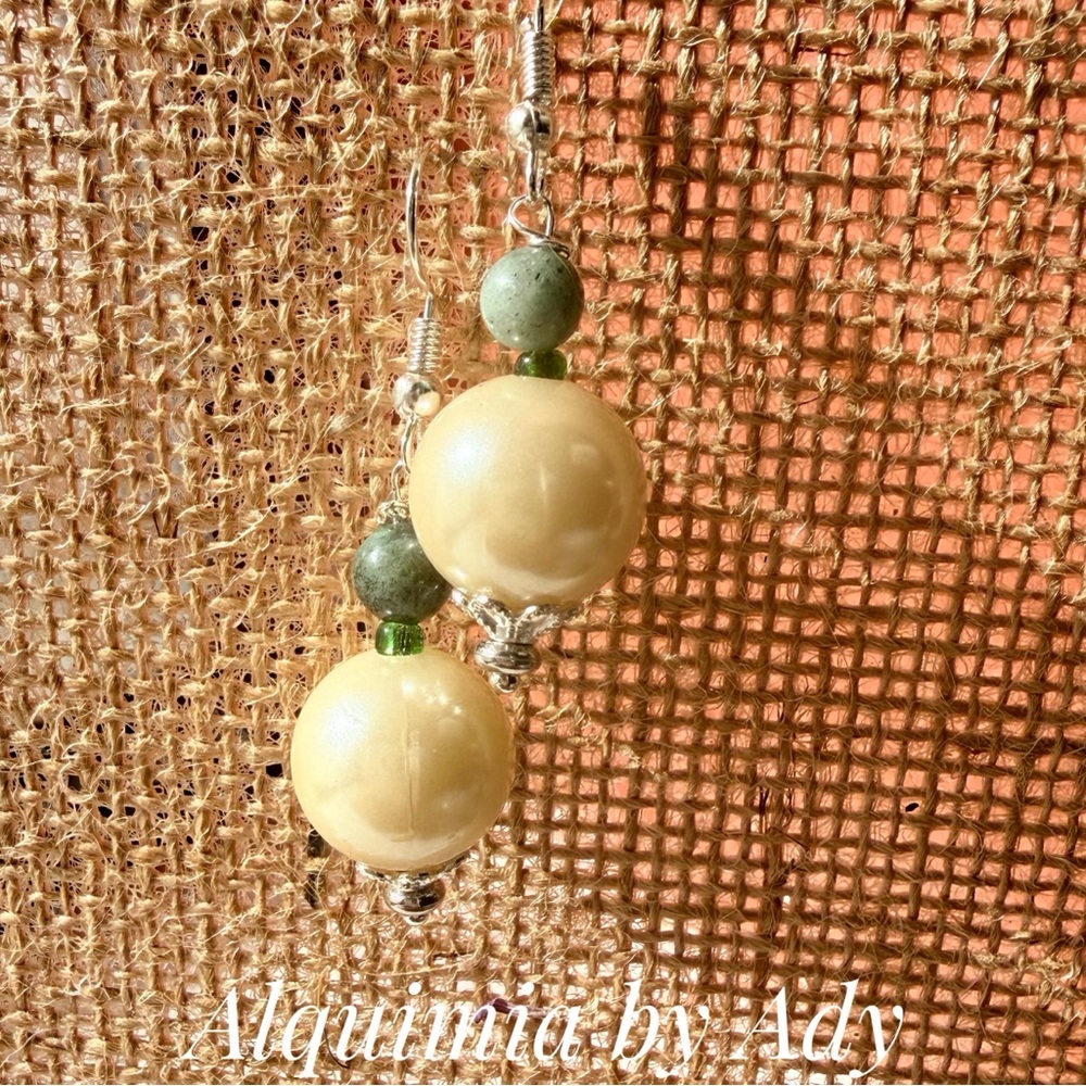 Green & Cream Earrings | Gemstone Drop + Silver Hooks